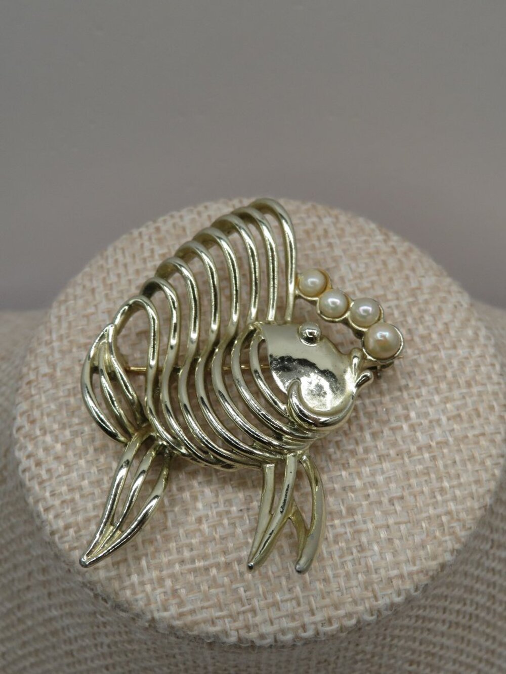 Vintage Marboux Faux Pearl Light Gold Tone Fish Brooch